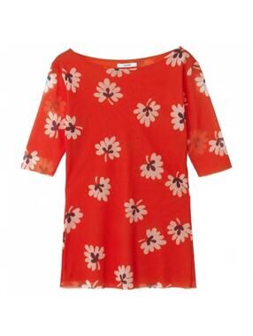 GANNI Red Floral Mesh Top Size 38 Sheer Daisy Print Blouse NWT